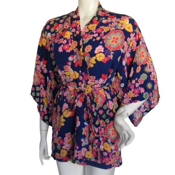 JOSIE Natori Kimono Robe, M, Blue, Multicolor floral, Short, Sash belt, Rayon - Picture 4 of 13